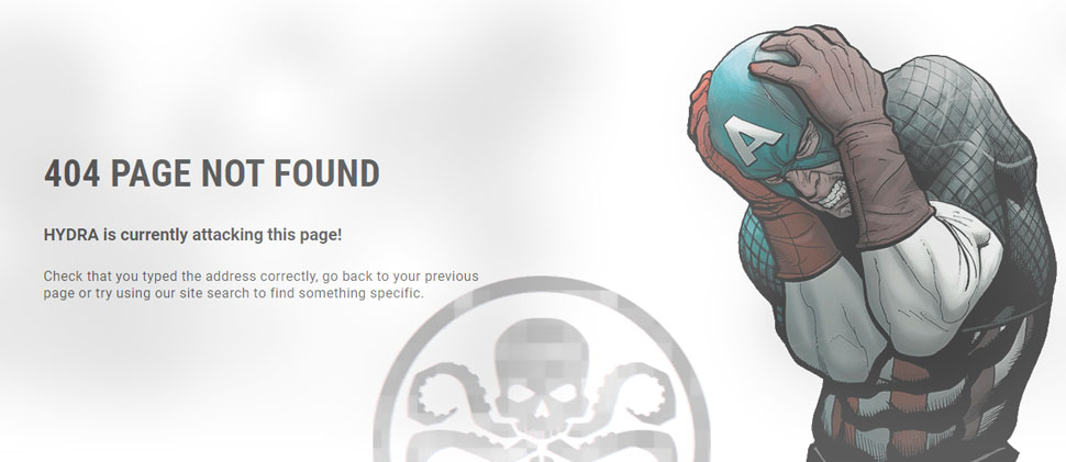 Marvel 404 website error page.